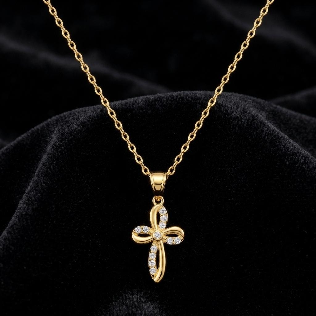 Elegant Gold Cross Pendant Necklace, Crystal Religious Jewelry, Minimalist Christian Faith Gift for Women Men, Catholic Charm Necklace