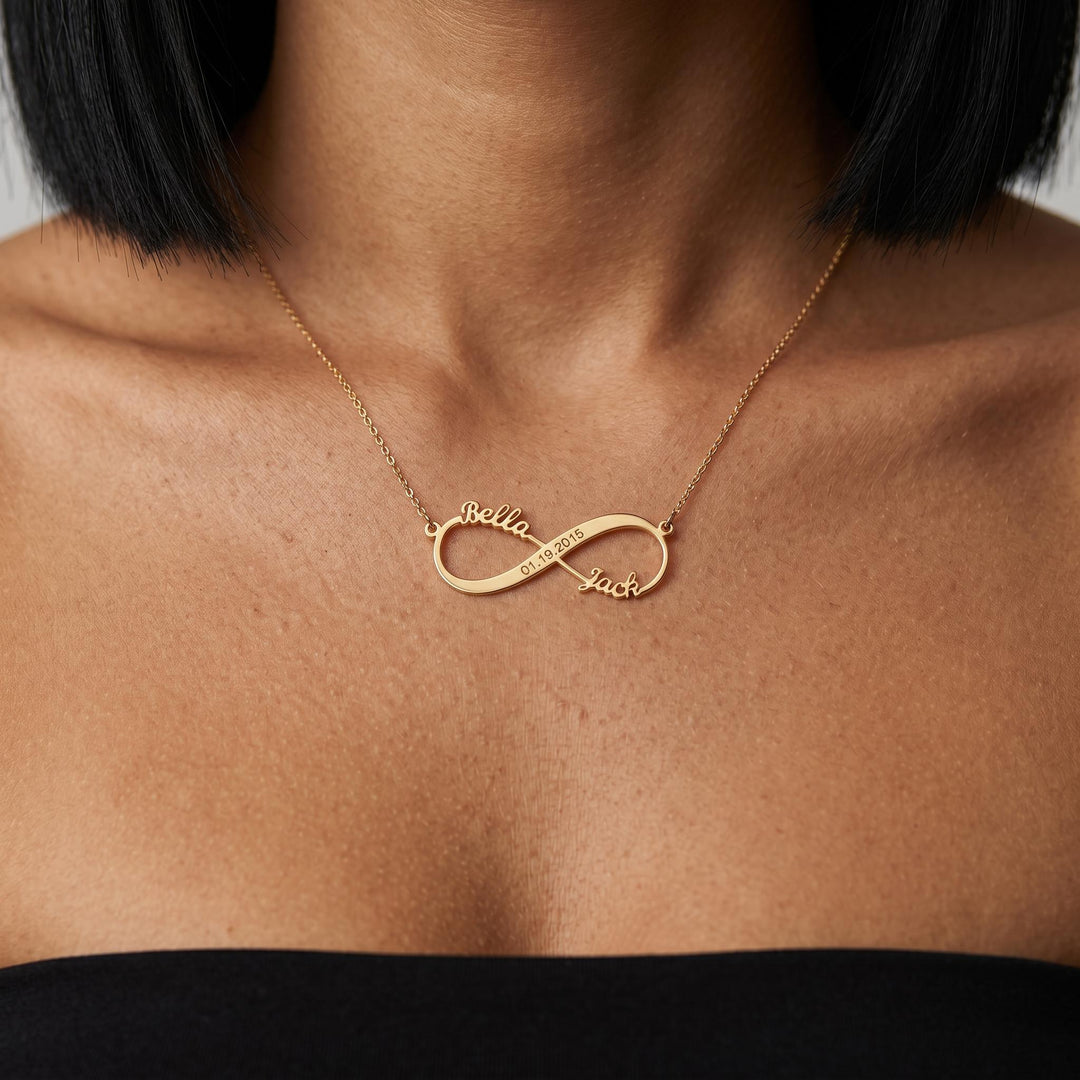 Personalized Infinity Name Necklace, Custom Couple Necklace with Date, Gold Infinity Pendant Jewelry Gift for Women Men Anniversary