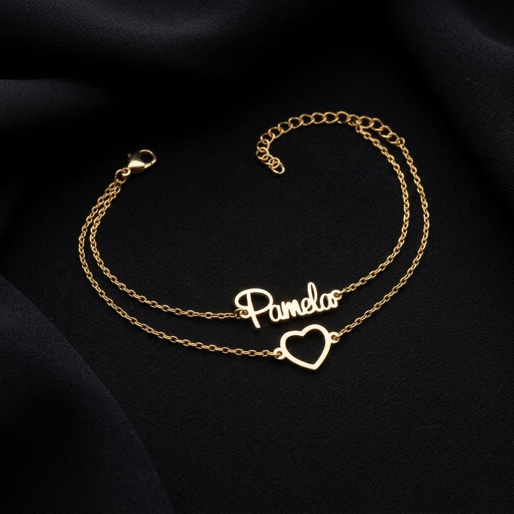 Personalized Name Heart Bracelet for Women, Custom Double Layer Gold Bracelet, Dainty Minimalist Jewelry Gift for Her Best Friend