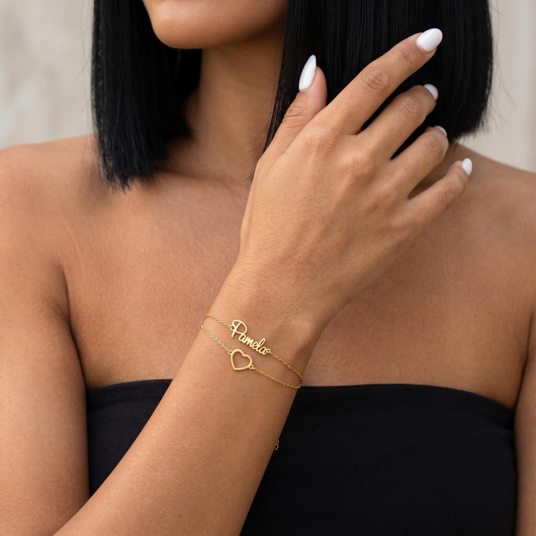 Personalized Name Heart Bracelet for Women, Custom Double Layer Gold Bracelet, Dainty Minimalist Jewelry Gift for Her Best Friend