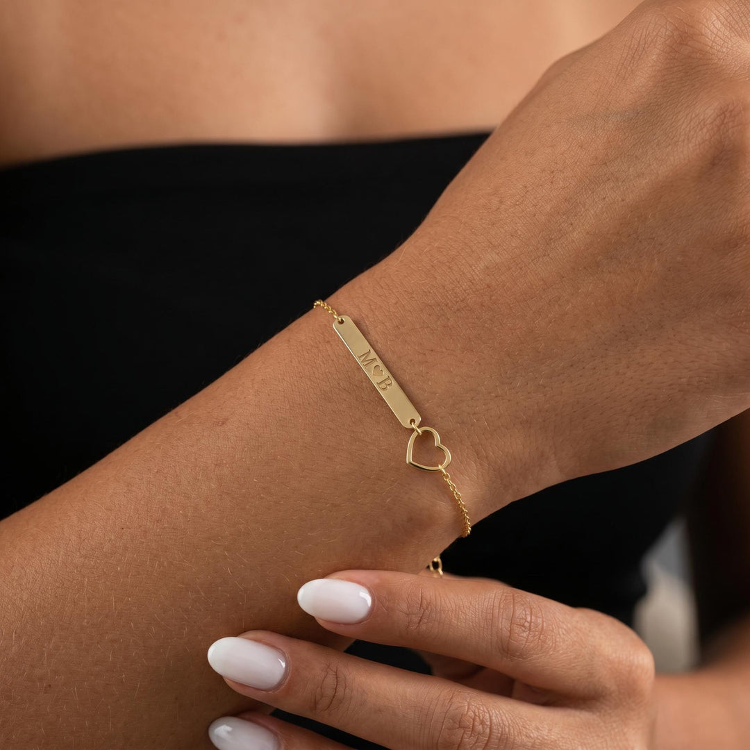 Personalized Initial Heart Bracelet for Women, Custom Engraved Gold Bar Bracelet, Dainty Minimalist Couple Jewelry, Custom Name Bracelet