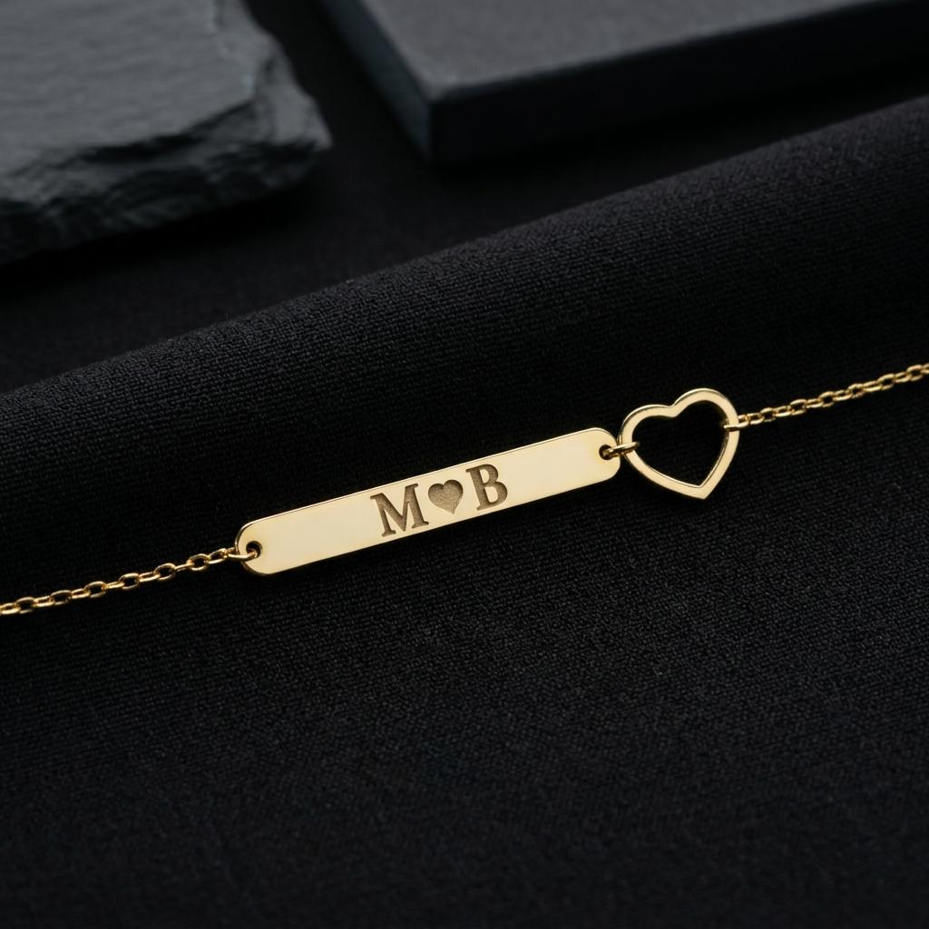 Personalized Initial Heart Bracelet for Women, Custom Engraved Gold Bar Bracelet, Dainty Minimalist Couple Jewelry, Custom Name Bracelet