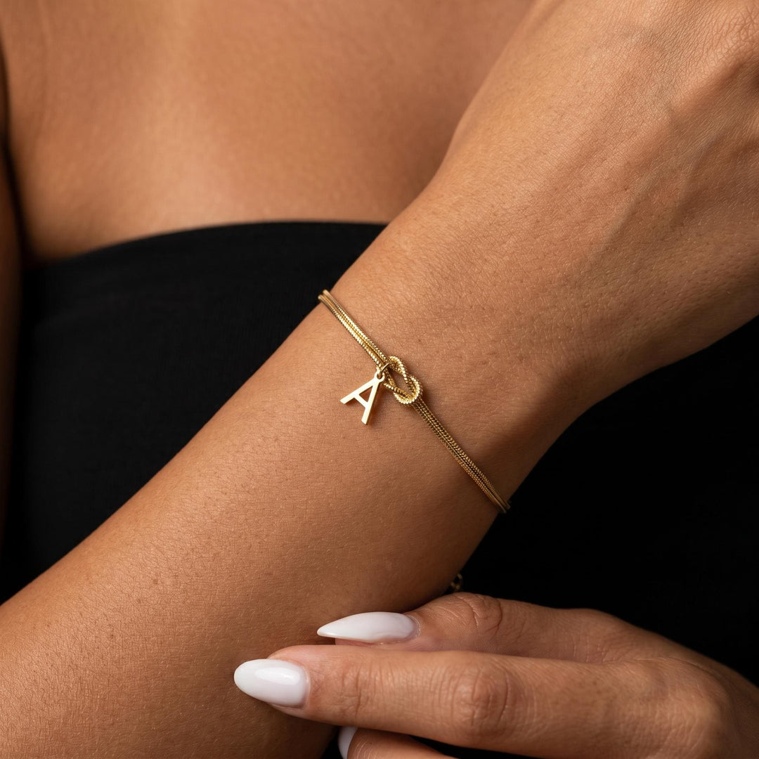 Personalized Initial Knot Bracelet, Minimalist Gold Letter Bracelet for Women, Custom Initial Charm Bracelet, Dainty Stackable Jewelry