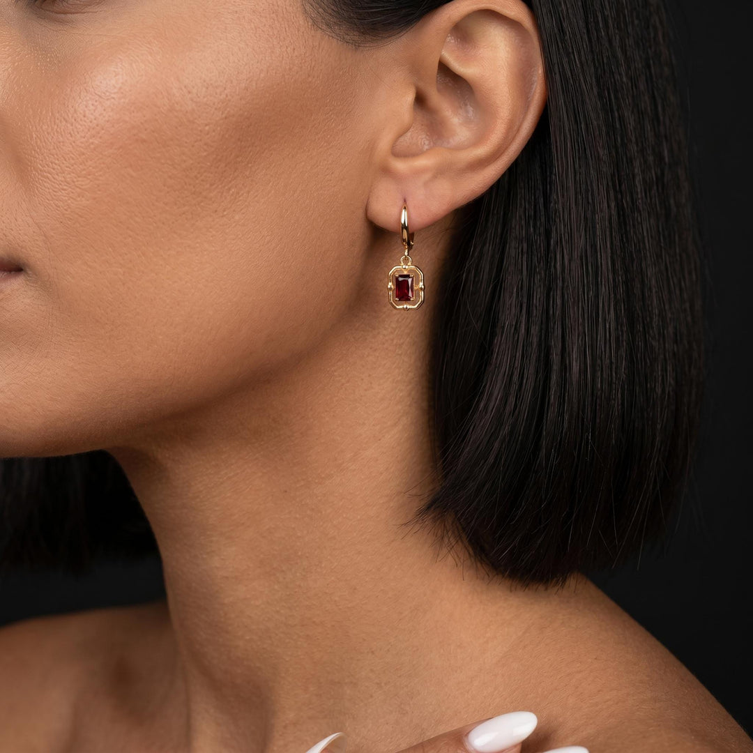 Birthstone Hoop Earrings, Gold Gemstone Drop Earrings, Minimalist Emerald Cut Crystal Dangle Hoops, Dainty Luxury Jewelry for Women