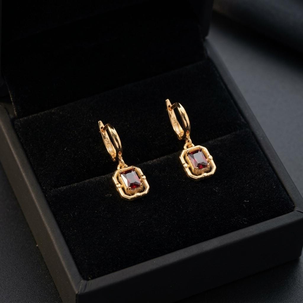 Birthstone Hoop Earrings, Gold Gemstone Drop Earrings, Minimalist Emerald Cut Crystal Dangle Hoops, Dainty Luxury Jewelry for Women