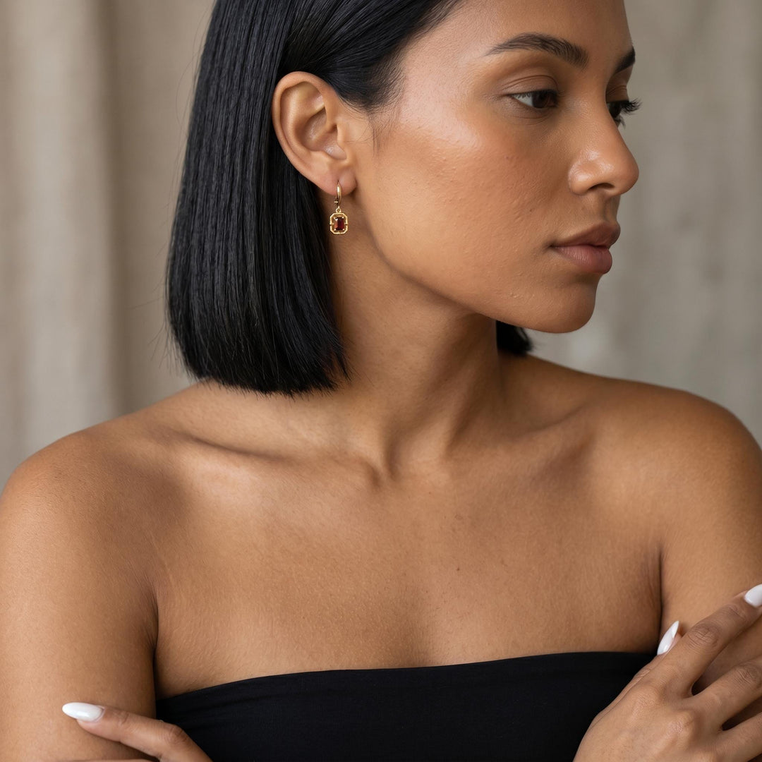 Birthstone Hoop Earrings, Gold Gemstone Drop Earrings, Minimalist Emerald Cut Crystal Dangle Hoops, Dainty Luxury Jewelry for Women