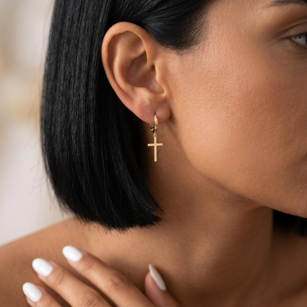 Gold Cross Hoop Earrings, Minimalist Cross Dangle Earrings, Tiny Religious Hoop Jewelry, Christian Faith Earrings, Dainty Gold Hoops