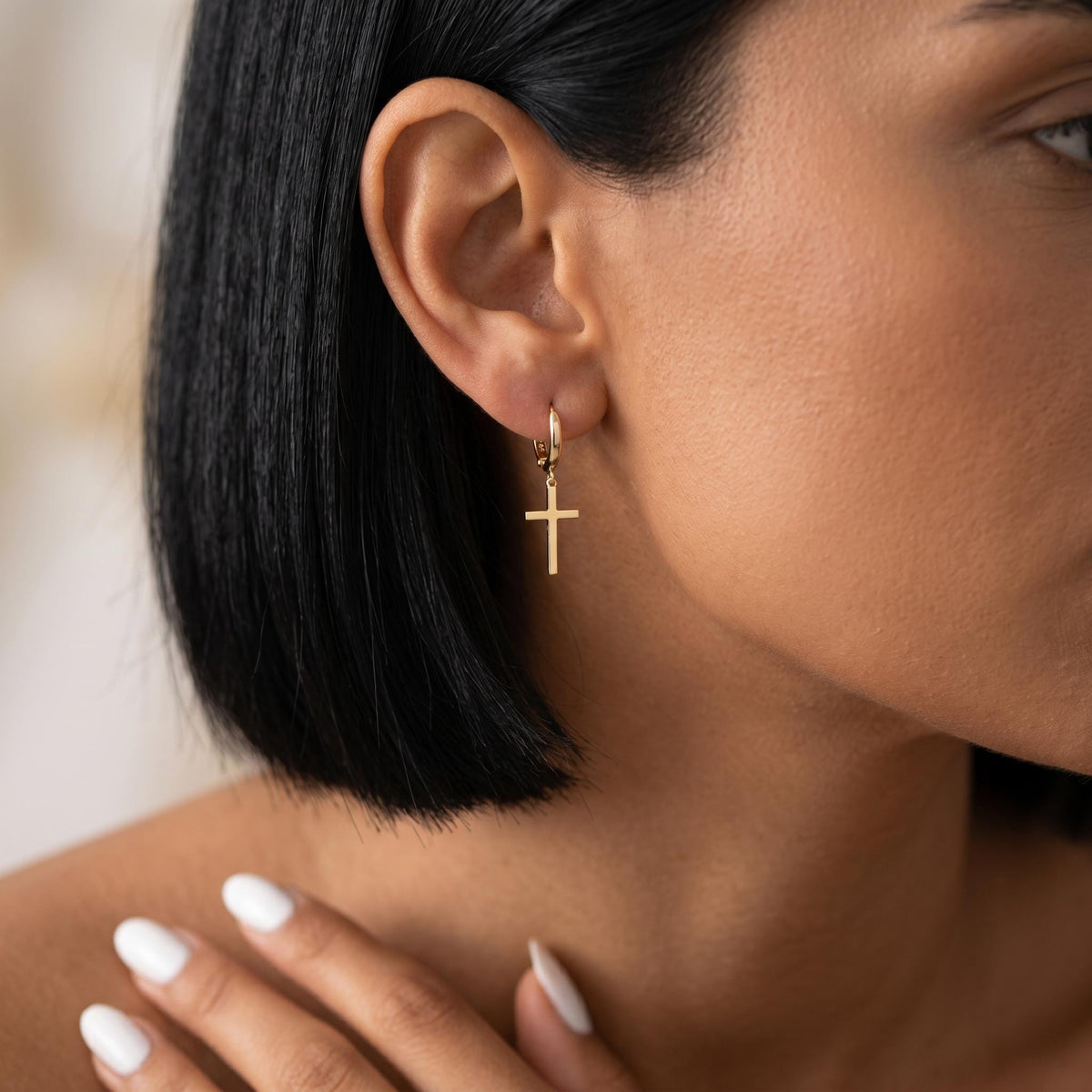 Gold cross hoop earrings, minimalist cross dangle earrings, tiny religious hoop jewelry, christian faith earrings, dainty gold hoops