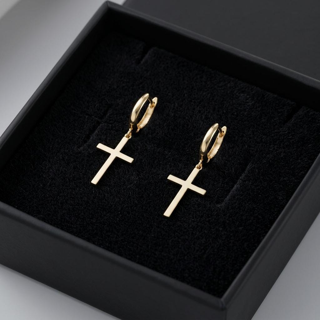 Gold Cross Hoop Earrings, Minimalist Cross Dangle Earrings, Tiny Religious Hoop Jewelry, Christian Faith Earrings, Dainty Gold Hoops