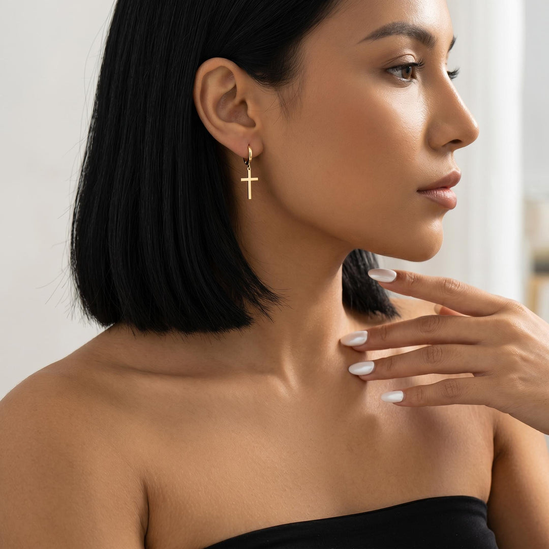 Gold Cross Hoop Earrings, Minimalist Cross Dangle Earrings, Tiny Religious Hoop Jewelry, Christian Faith Earrings, Dainty Gold Hoops