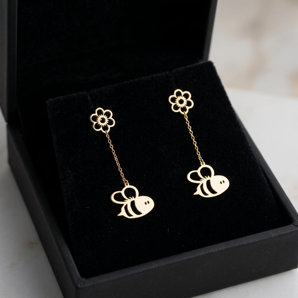 Bee Flower Dangle Earrings, Gold Bee Earrings, Minimalist Nature Inspired Drop Earrings, Cute Daisy Chain Earrings, Dainty Jewelry for Women