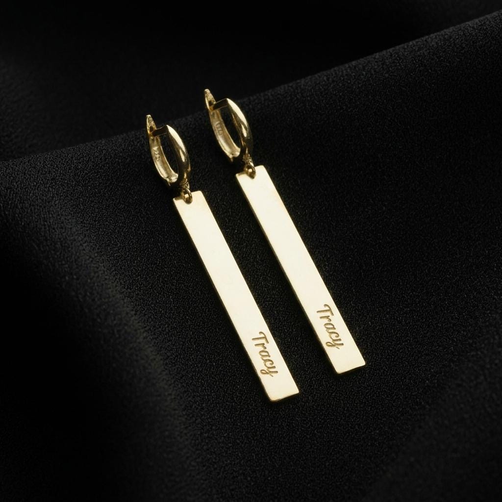 Personalized Bar Drop Earrings, Custom Name Hoop Earrings, Minimalist Gold Rectangle Earrings, Dainty Engraved Jewelry Gift for Women