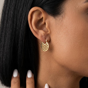 Gold Mandala Hoop Earrings, Floral Cutout Disc Earrings, Minimalist Boho Jewelry, Geometric Gold Hoops, Dainty Everyday Earrings