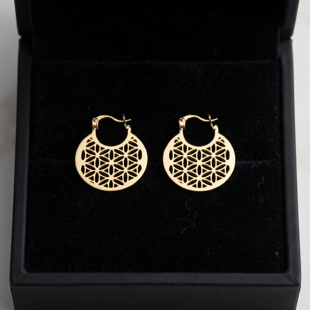 Gold Mandala Hoop Earrings, Floral Cutout Disc Earrings, Minimalist Boho Jewelry, Geometric Gold Hoops, Dainty Everyday Earrings