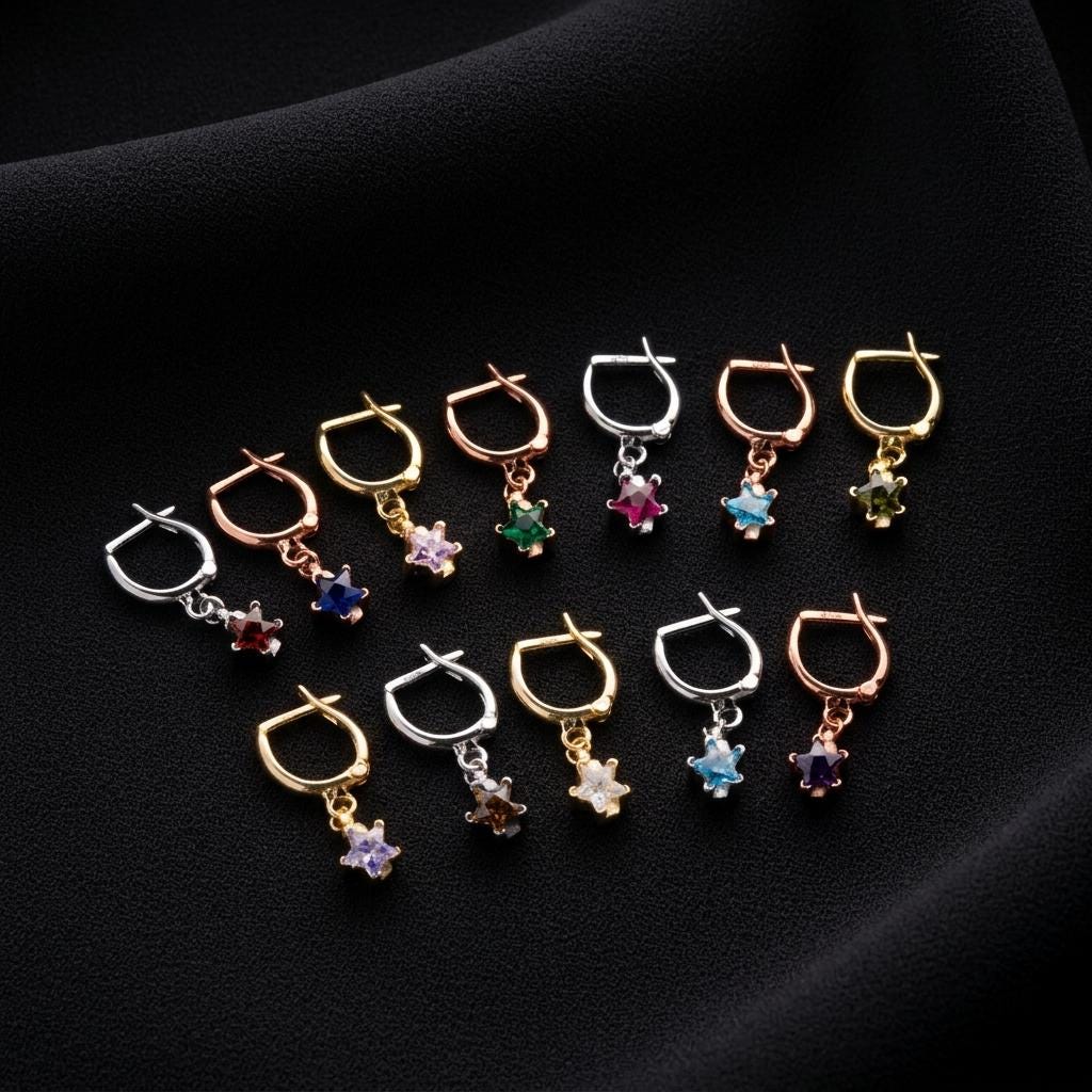 Birthstone star charm huggie earrings, colorful crystal star hoops, gold silver rose gold dainty celestial jewelry gift for her