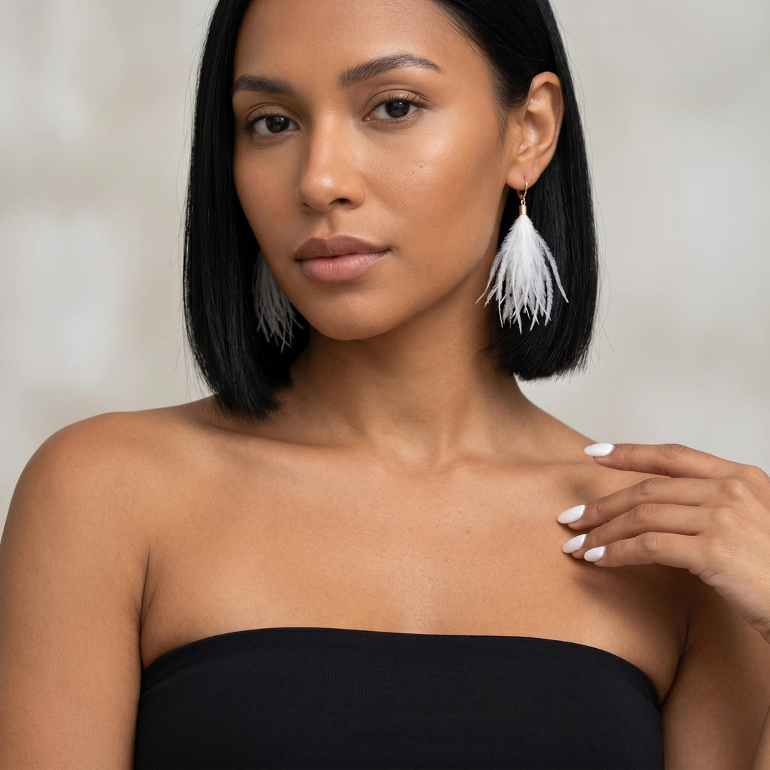 White Feather Drop Earrings, Boho Feather Hoop Earrings, Statement Festival Jewelry, Lightweight Gold Huggie Bridal Earrings Gift For Her
