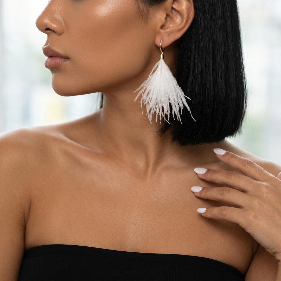 White Feather Drop Earrings, Boho Feather Hoop Earrings, Statement Festival Jewelry, Lightweight Gold Huggie Bridal Earrings Gift For Her