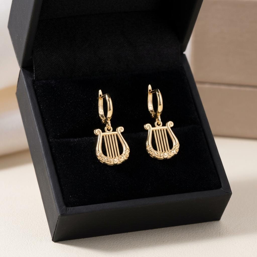 Gold Lyre Charm Hoop Earring, Music Inspired Jewelry, Dainty Harp Huggie Earring, Minimalist Musician Gift, Greek Mythology Jewelry