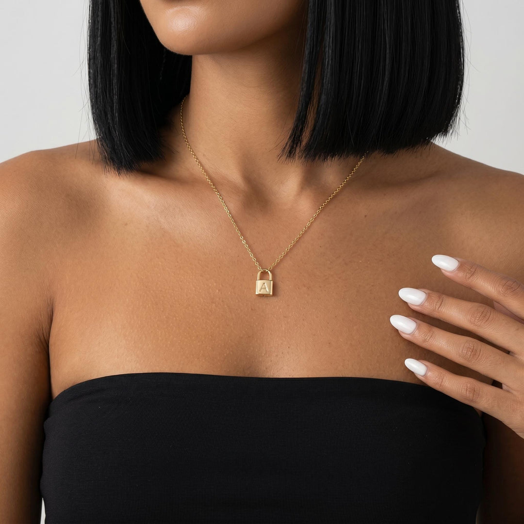 Personalized Lock Necklace, Custom Initial Padlock Necklace for Women, Minimal Gold Letter Charm Jewelry Gift for Her, Dainty Daily Necklace