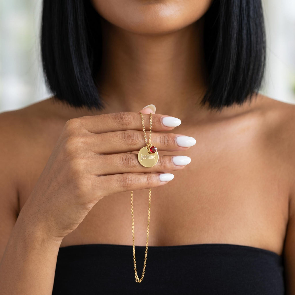 Personalized birthstone necklace, custom engraved name disc pendant, gold minimalist necklace, dainty jewelry gift for her birthday