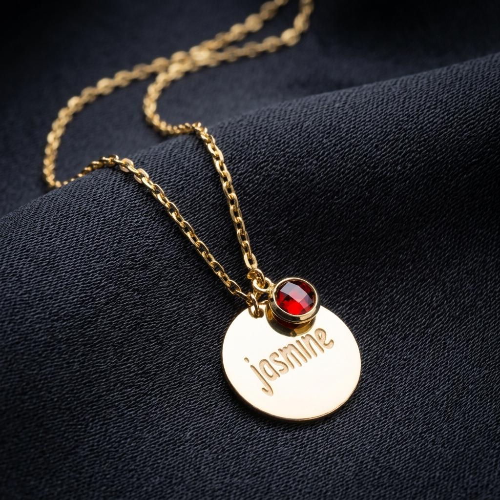 Personalized Birthstone Necklace, Custom Engraved Name Disc Pendant, Gold Minimalist Necklace, Dainty Jewelry Gift for Her Birthday