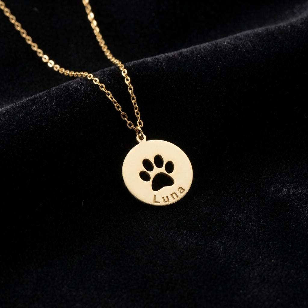 Personalized Paw Print Necklace, Custom Pet Name Pendant Necklace, Gold Paw Jewelry, Dog Mom Cat Lover Memorial Necklace Gift for Her