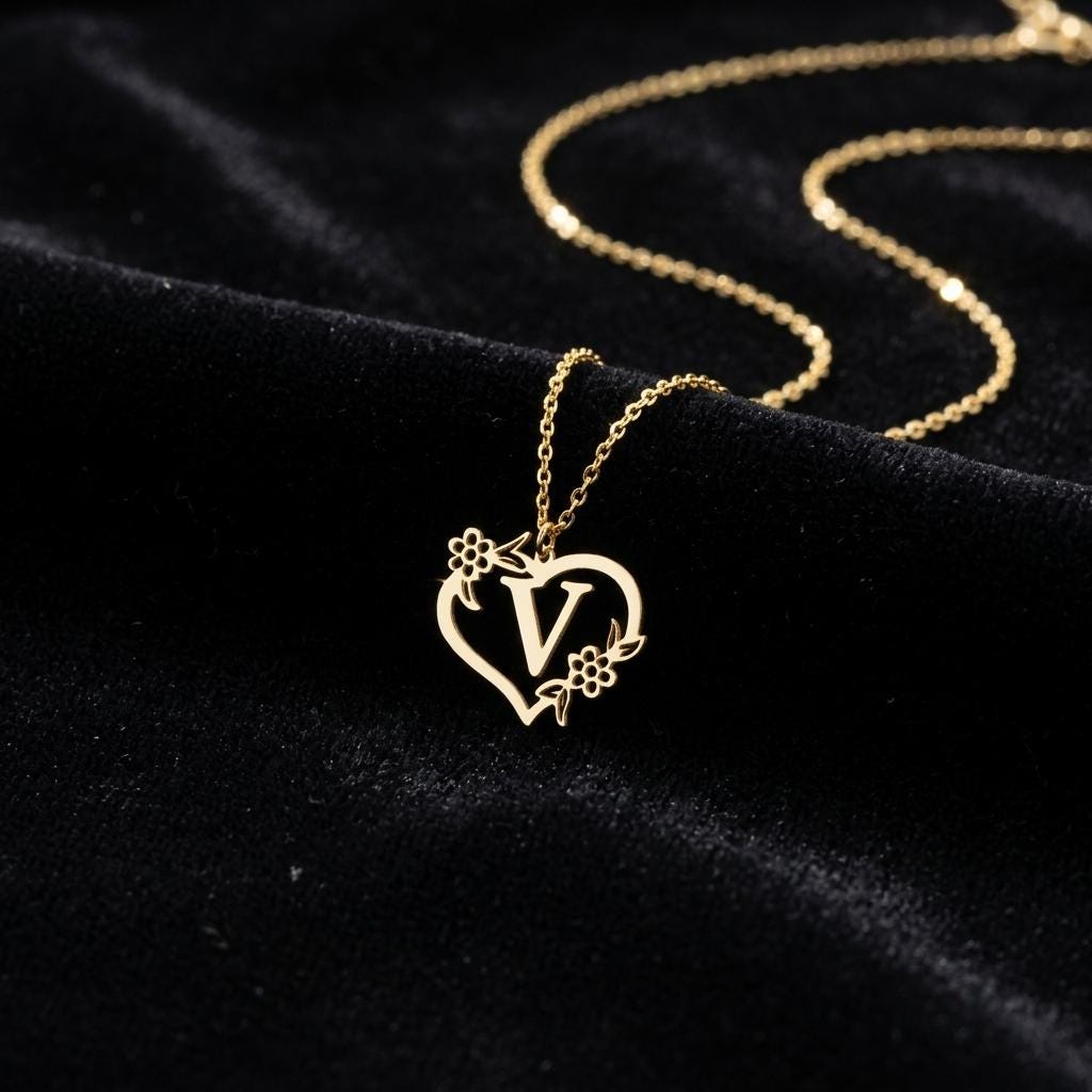Personalized Floral Heart Initial Necklace, Custom Letter Pendant Necklace, Gold Heart Jewelry, Minimalist Alphabet Charm Gift for Her