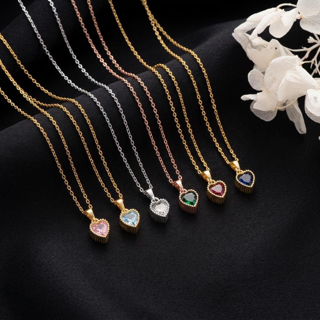 Personalized Birthstone Heart Necklace, Gold Silver Rose Gold Crystal Heart Pendant, Dainty Jewelry Gift for Her Mom Wife Girlfriend