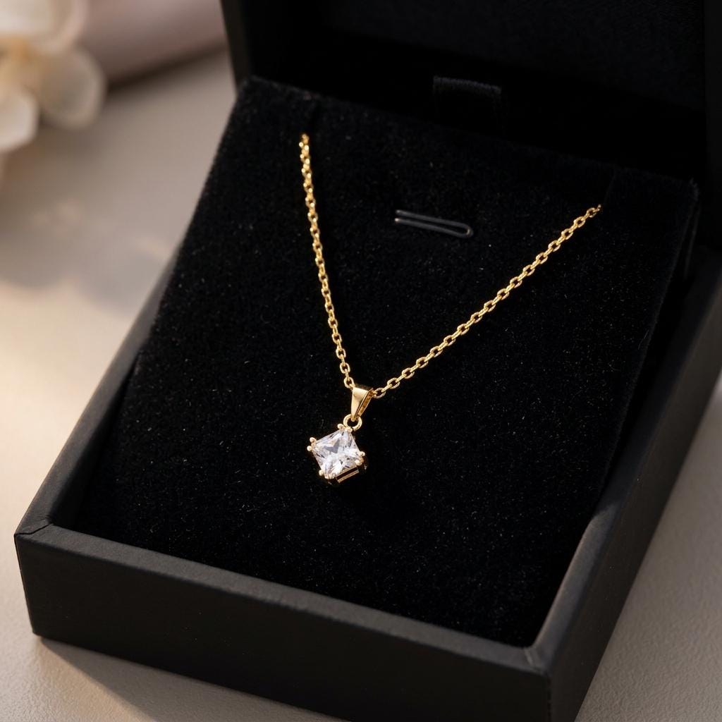 Princess Cut Birthstone Necklace, Personalized Crystal Pendant, Dainty Minimalist Jewelry Gift for Her, Custom Gem Charm Necklace