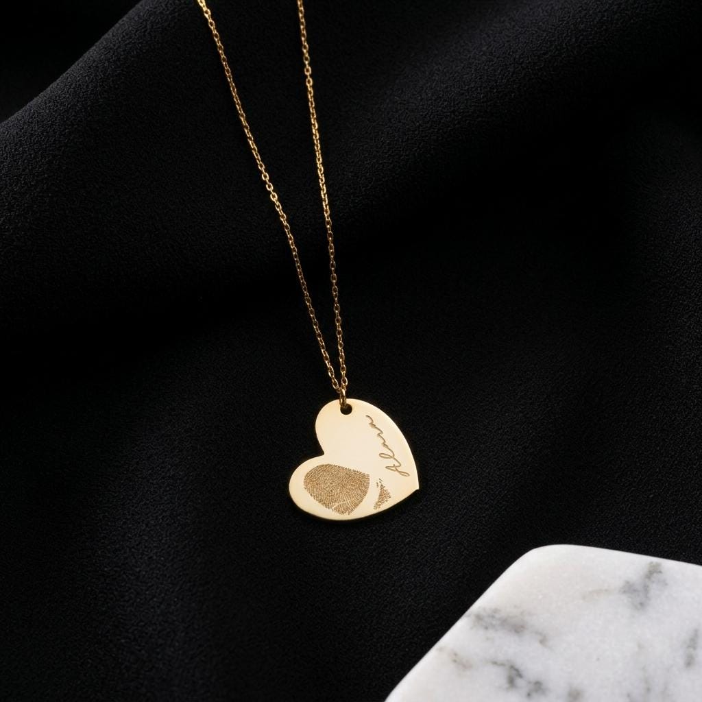 Gold heart necklace with fingerprint engraving, personalized dainty jewelry, elegant gift for her, mom birthday present, everyday wear