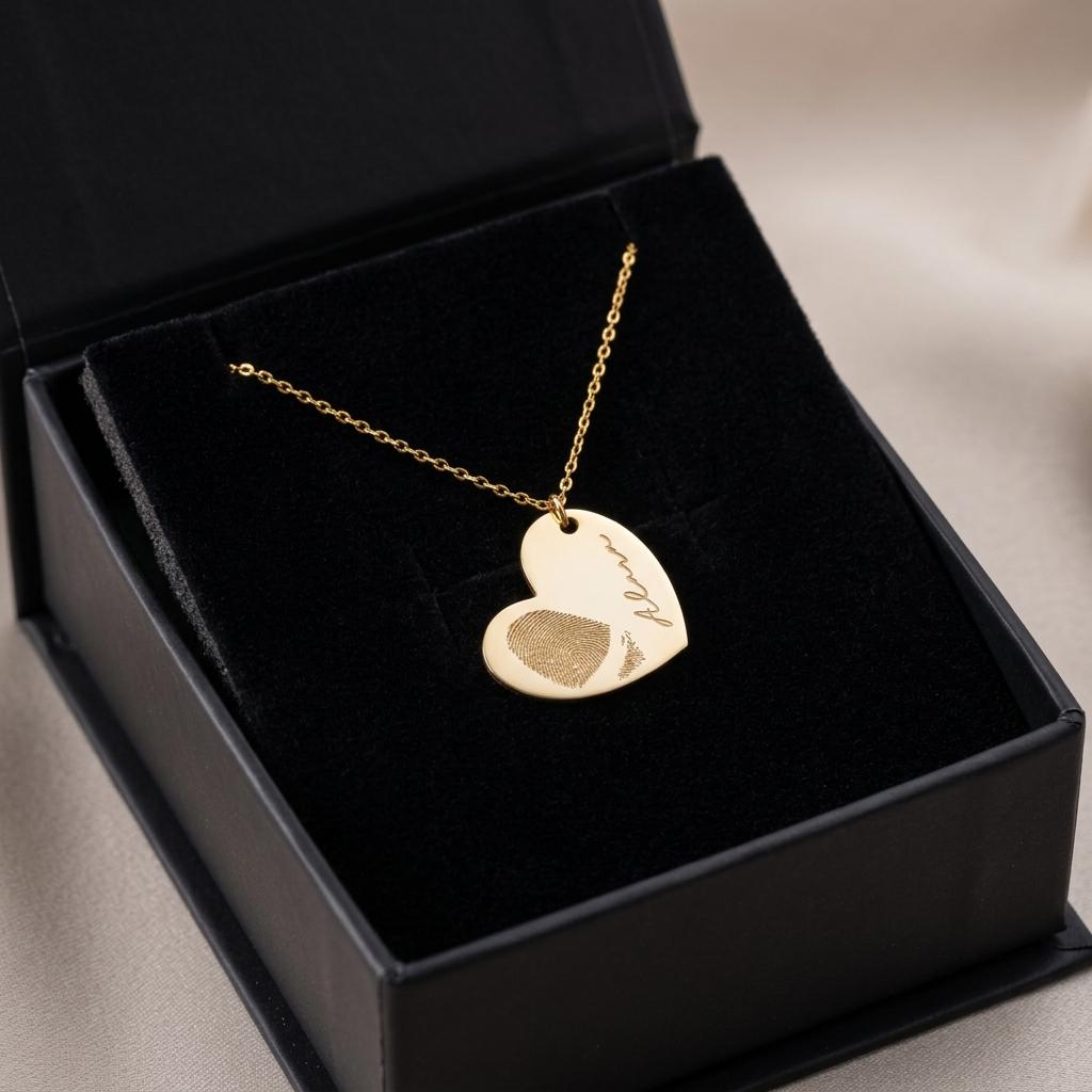 Gold Heart Necklace With Fingerprint Engraving, Personalized Dainty Jewelry, Elegant Gift For Her, Mom Birthday Present, Everyday Wear