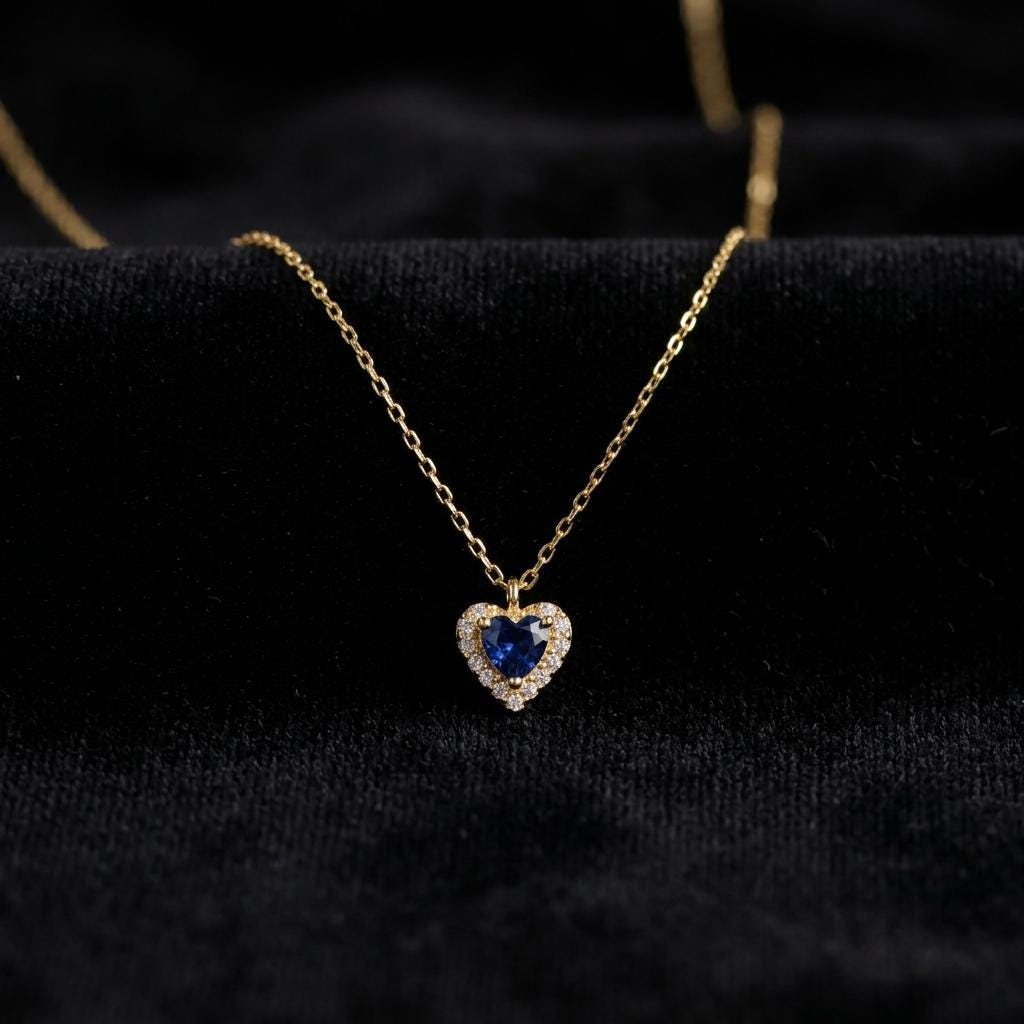 Blue Heart Necklace, Sapphire Heart Pendant Necklace, Gold Minimalist Jewelry Gift for Her Women, Romantic Dainty Everyday Necklace
