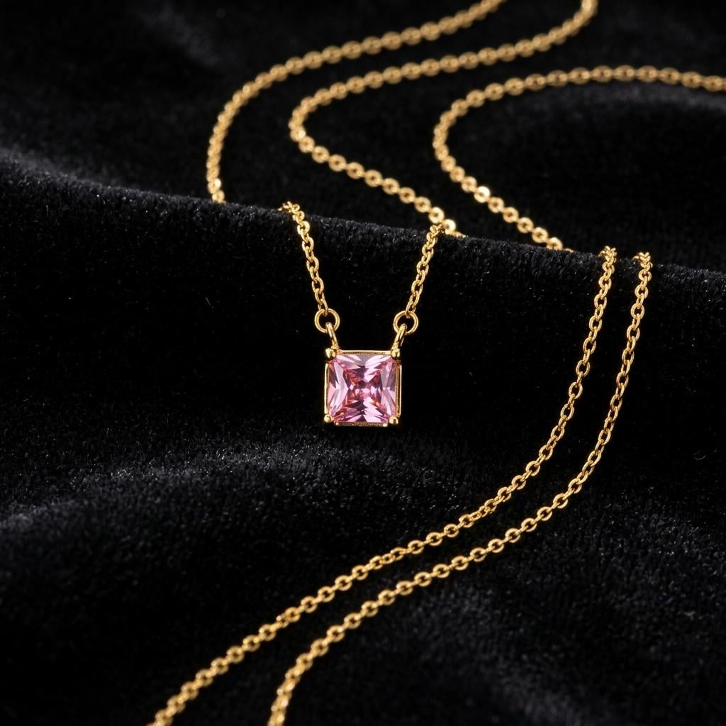Princess Cut Birthstone Necklace, Minimalist Square Crystal Pendant Necklace, Gold Dainty Jewelry Gift for Women, Personalized Gift