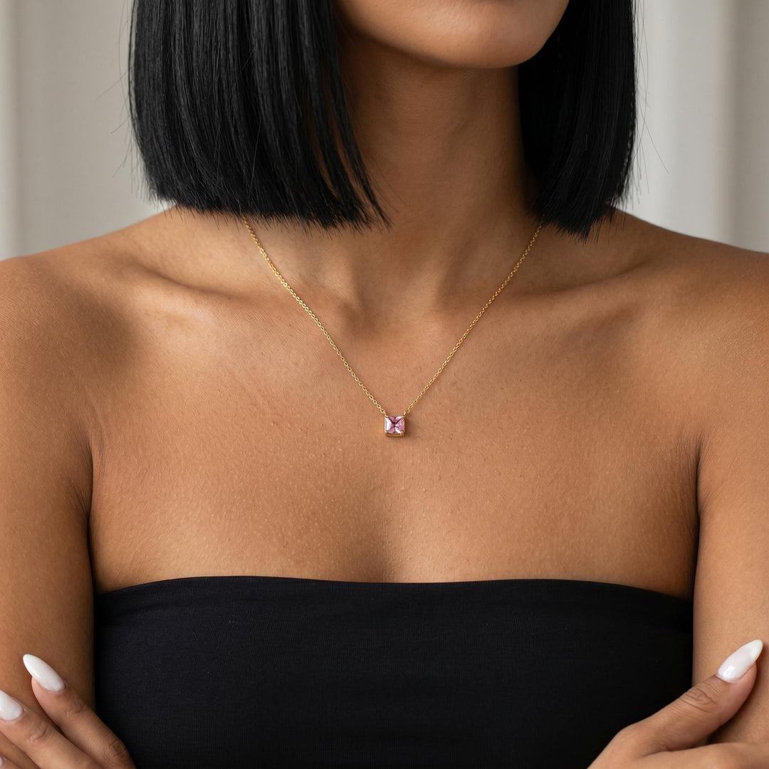 Princess Cut Birthstone Necklace, Minimalist Square Crystal Pendant Necklace, Gold Dainty Jewelry Gift for Women, Personalized Gift