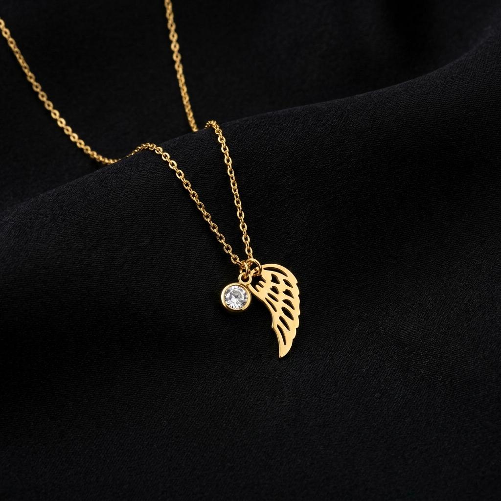 Angel wing birthstone necklace, gold angel wing pendant with custom crystal charm, memorial jewelry gift for women girls moms sisters