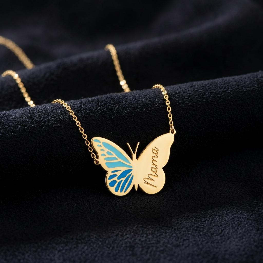 Personalized Butterfly Name Necklace, Custom Blue Butterfly Pendant, Gold Enamel Name Necklace, Dainty Butterfly Jewelry Gift