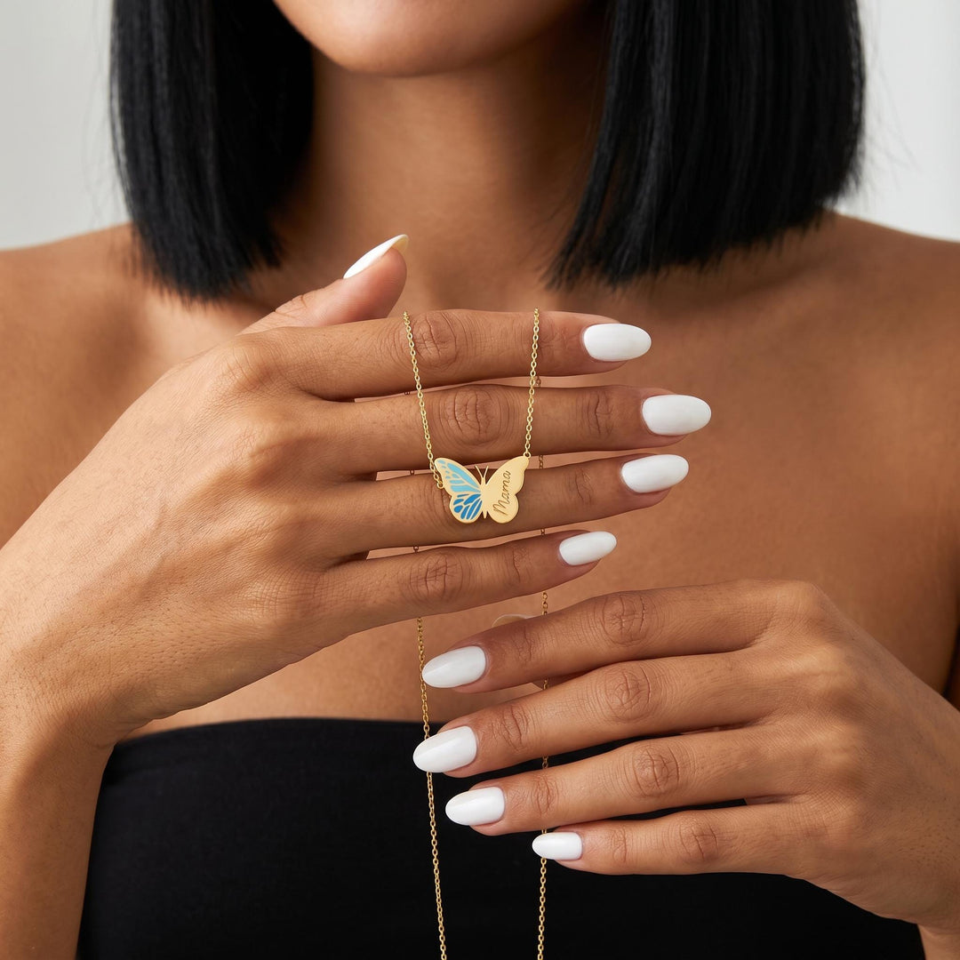 Personalized Butterfly Name Necklace, Custom Blue Butterfly Pendant, Gold Enamel Name Necklace, Dainty Butterfly Jewelry Gift