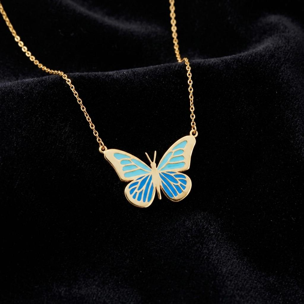 Blue butterfly necklace, gold enamel butterfly pendant necklace, dainty minimalist butterfly jewelry, cute everyday necklace gift