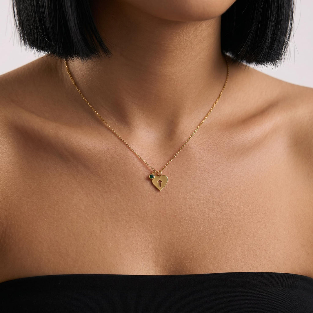 Custom Birthstone Cross Heart Necklace, Gold Religious Pendant Necklace, Dainty Faith Jewelry Gift for Women Minimalist Style