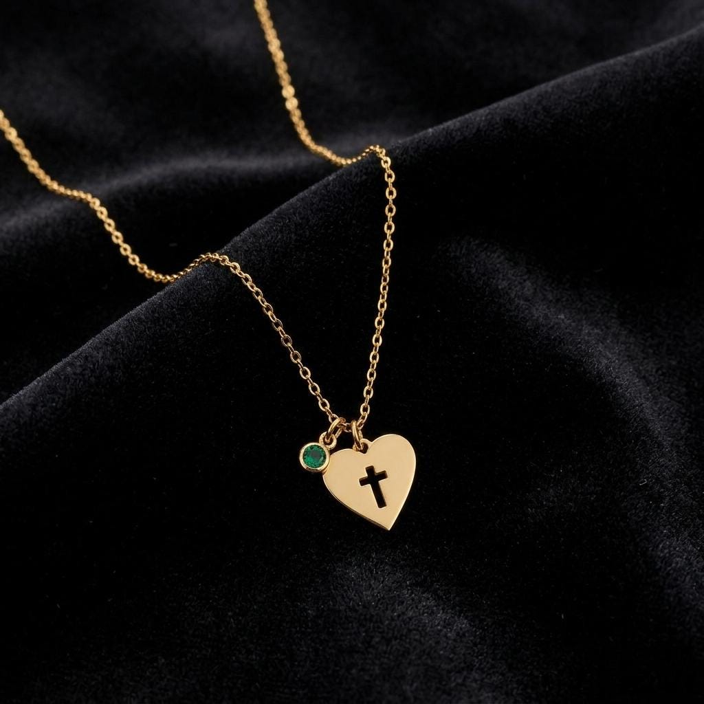 Custom Birthstone Cross Heart Necklace, Gold Religious Pendant Necklace, Dainty Faith Jewelry Gift for Women Minimalist Style
