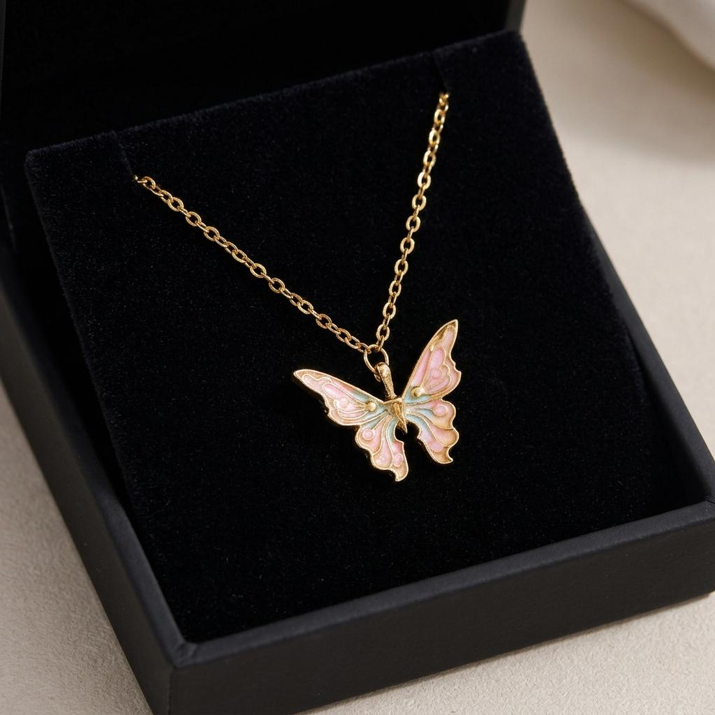 Pink Butterfly Necklace, Gold Enamel Butterfly Pendant Jewelry, Dainty Minimalist Layering Necklace, Feminine Cute Gift For Women Her