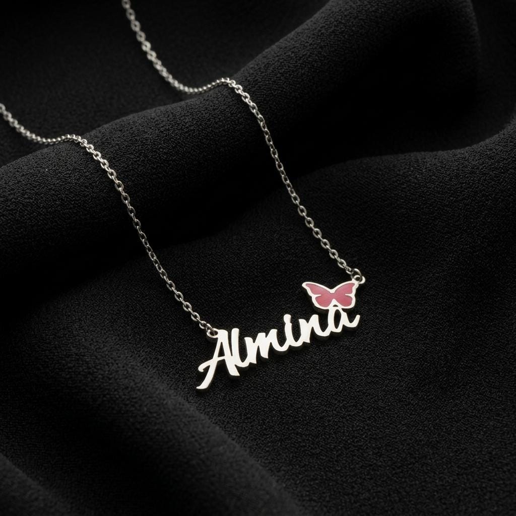 Personalized butterfly name necklace, custom script name pendant jewelry, cute aesthetic butterfly necklace, trendy gift for women her