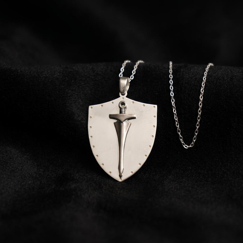 Sword shield pendant necklace, medieval sword necklace, silver shield charm jewelry, gothic knight necklace gift for men women her