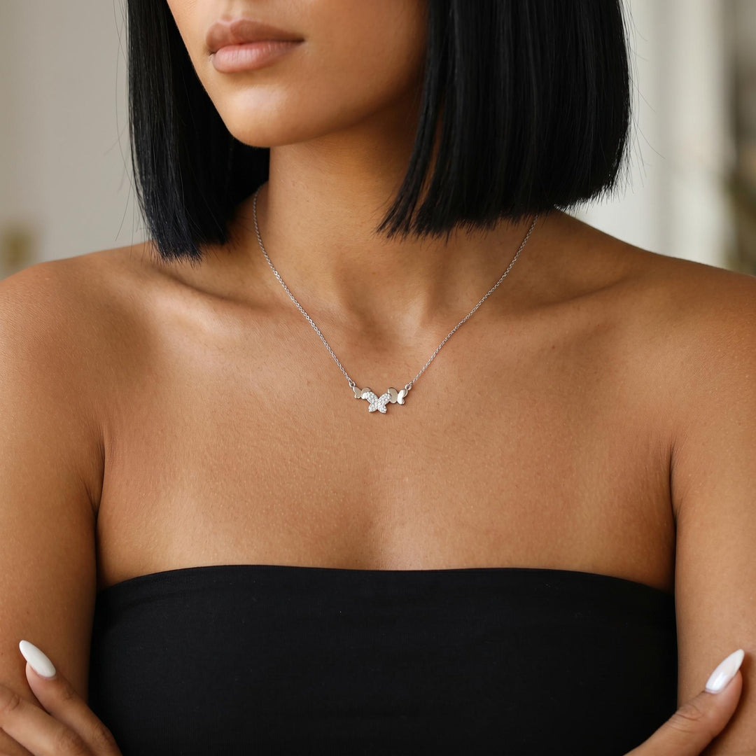 Butterfly Trio Necklace, Dainty CZ Butterfly Necklace, Minimalist Silver Butterfly Jewelry Gift For Women Elegant Layering Necklace