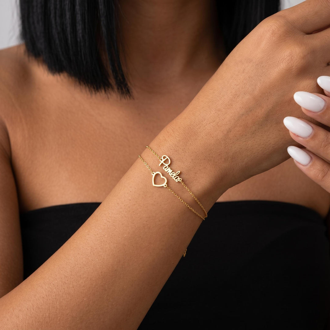 Personalized Name Heart Bracelet for Women, Custom Double Layer Gold Bracelet, Dainty Minimalist Jewelry Gift for Her Best Friend