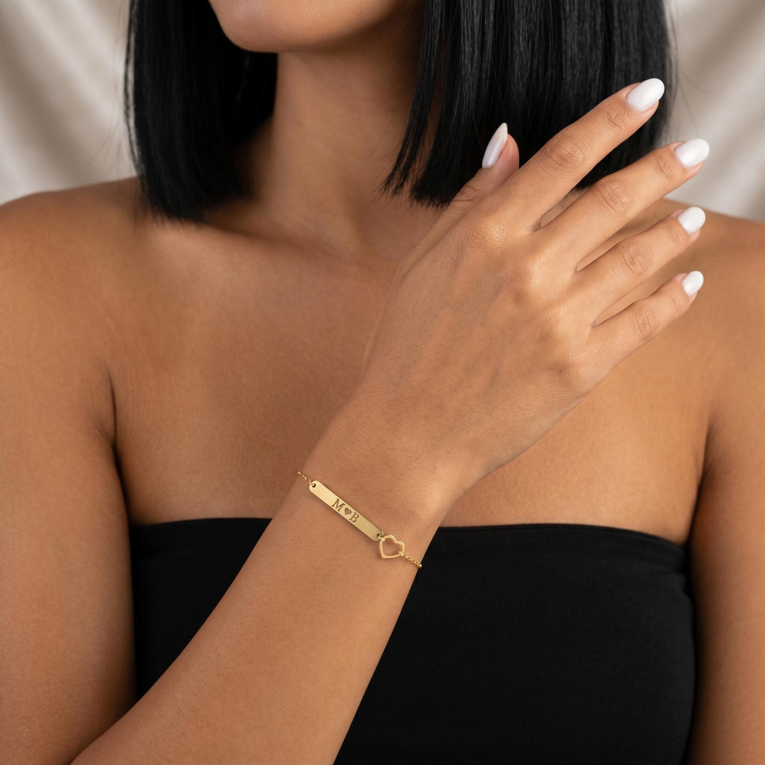Personalized Initial Heart Bracelet for Women, Custom Engraved Gold Bar Bracelet, Dainty Minimalist Couple Jewelry, Custom Name Bracelet