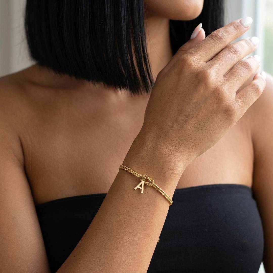 Personalized Initial Knot Bracelet, Minimalist Gold Letter Bracelet for Women, Custom Initial Charm Bracelet, Dainty Stackable Jewelry
