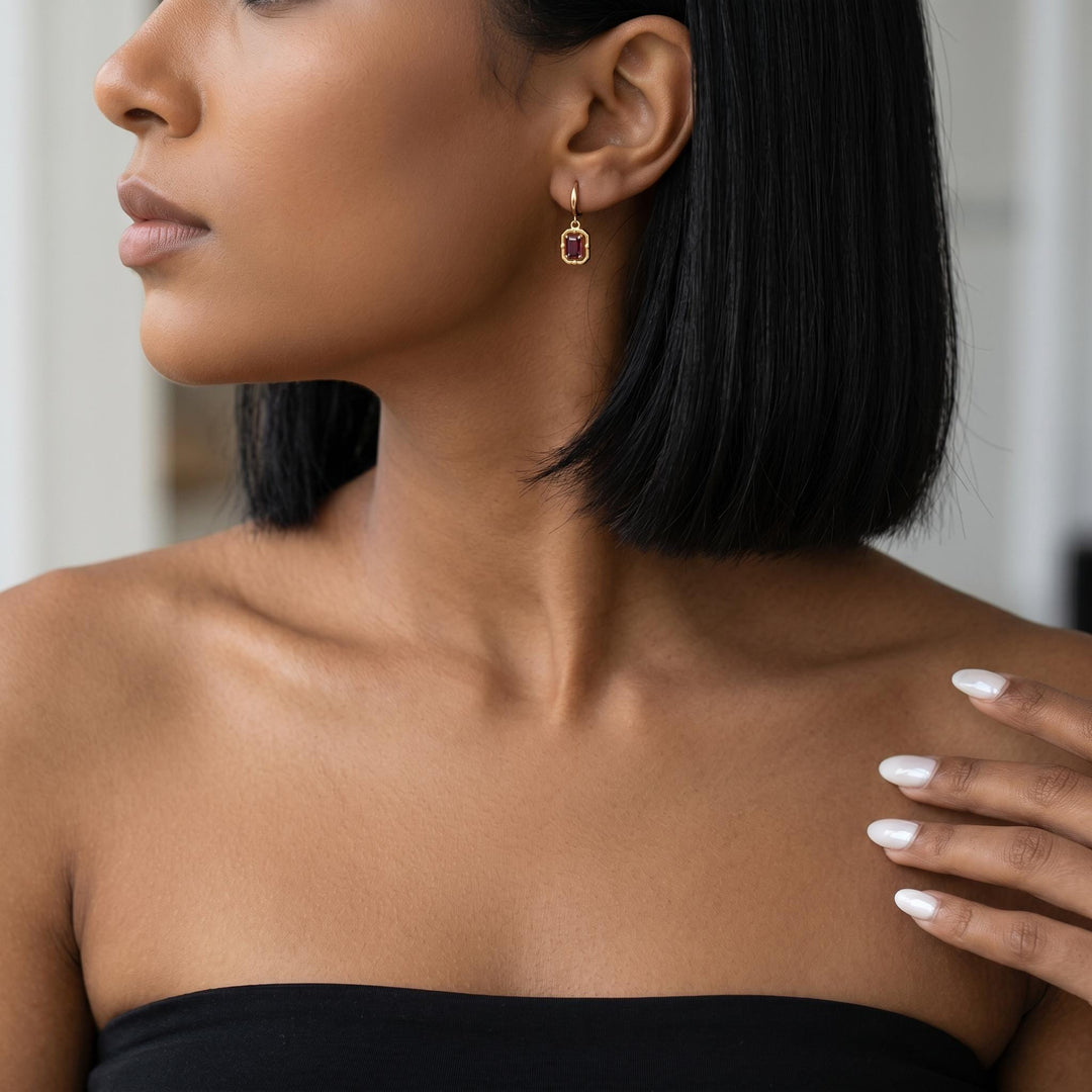 Birthstone Hoop Earrings, Gold Gemstone Drop Earrings, Minimalist Emerald Cut Crystal Dangle Hoops, Dainty Luxury Jewelry for Women