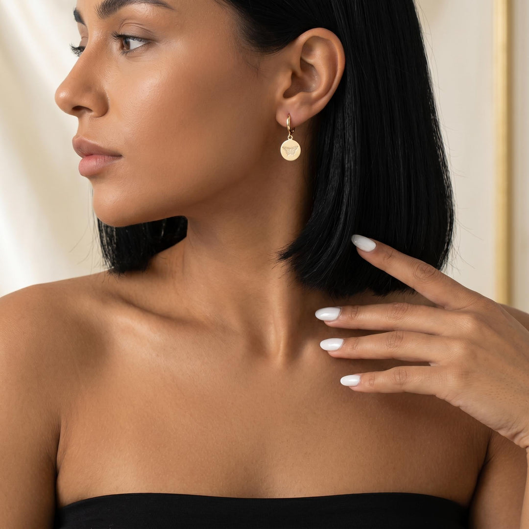Gold Butterfly Hoop Earrings, Engraved Butterfly Disc Earrings, Minimalist Dangle Hoop Jewelry, Dainty Nature Inspired Earrings