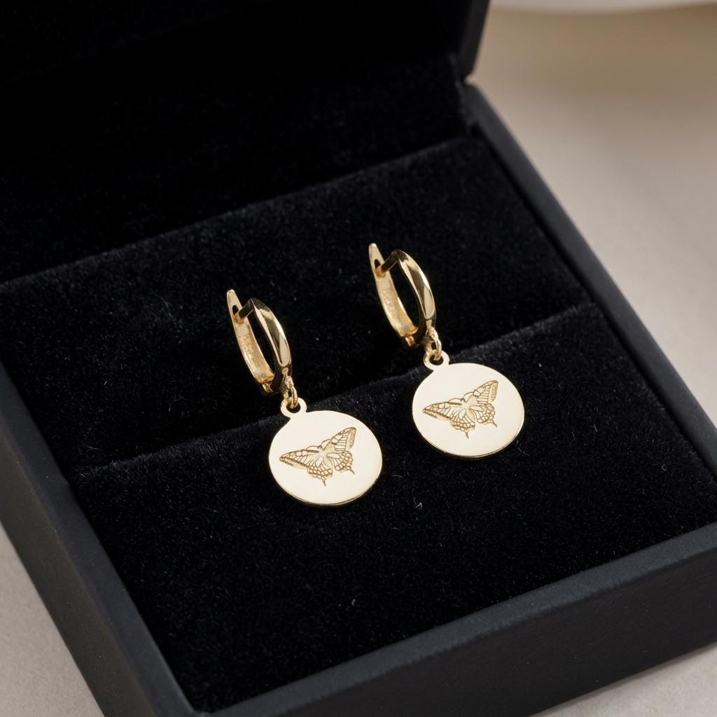 Gold Butterfly Hoop Earrings, Engraved Butterfly Disc Earrings, Minimalist Dangle Hoop Jewelry, Dainty Nature Inspired Earrings